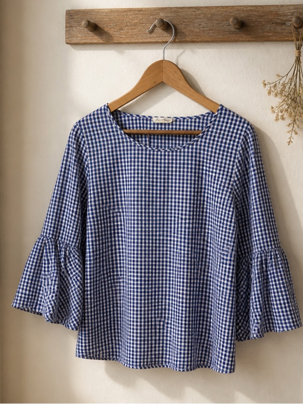Jane & Delancey XL Blue Gingham Bell Sleeve Cotton Peasant Blouse Cottagecore